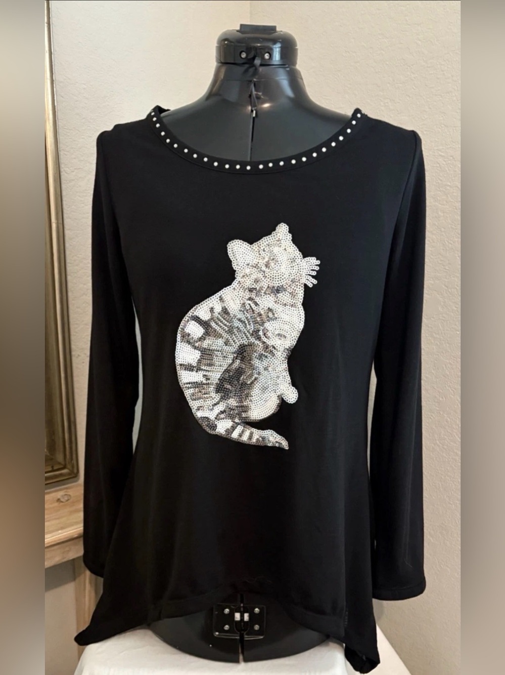Karen Brooks Shirt Large Black Sequins- Embellished Cat Silver White